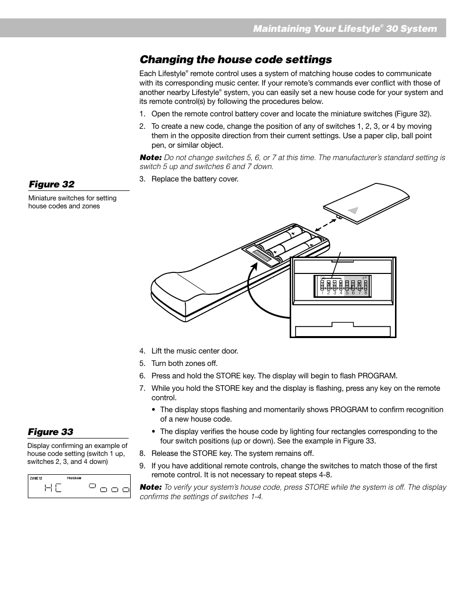 Changing the house code settings, Maintaining your lifestyle, 30 system | Figure 32, Figure 33 | Bose AM193147_03_V. User Manual | Page 27 / 34