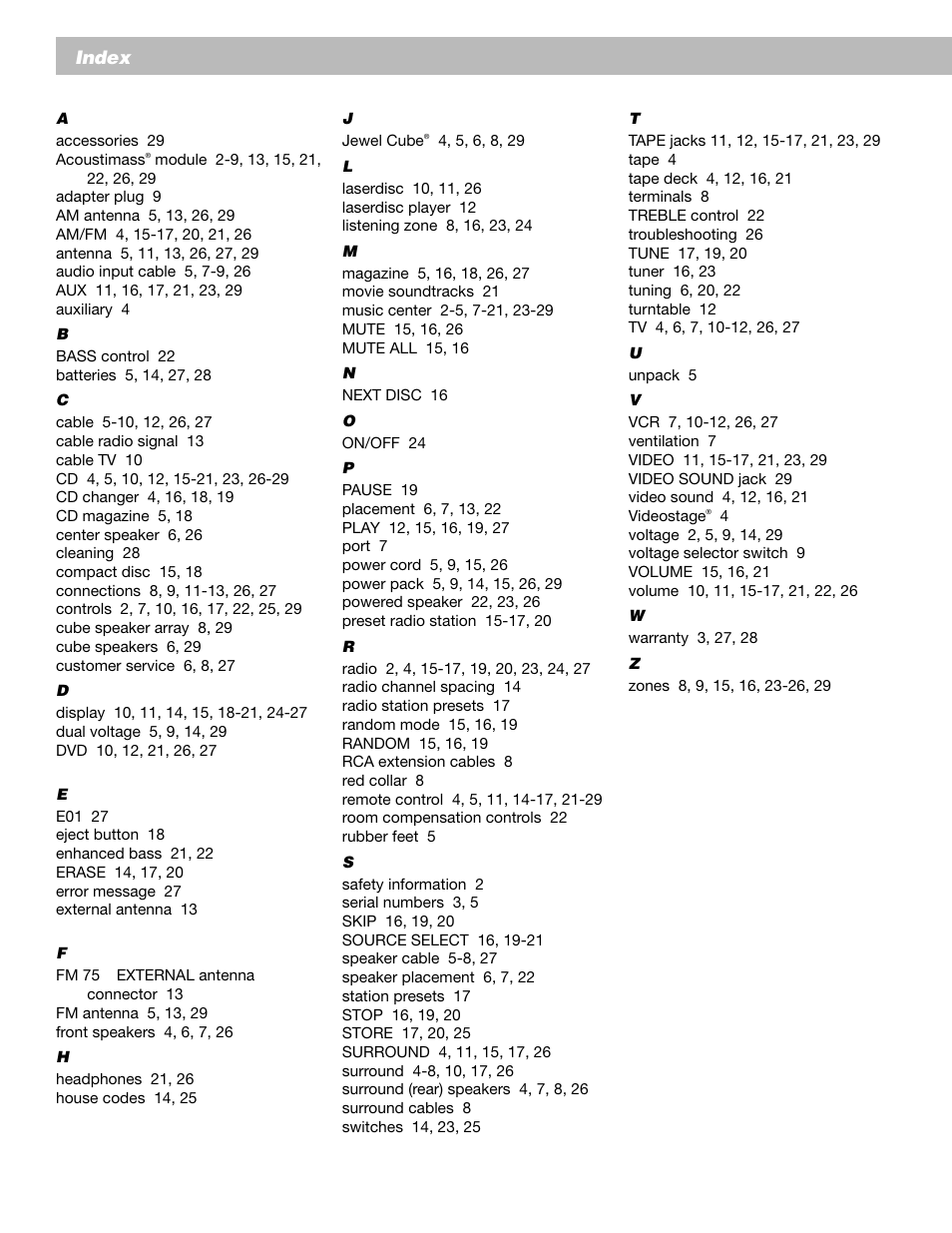 Index | Bose AM193147_03_V. User Manual | Page 32 / 34