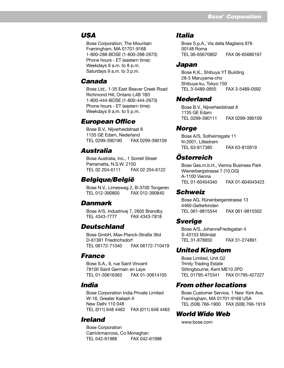 Canada, European office, Australia | Belgique/belgië, Danmark, Deutschland, France, India, Ireland, Italia | Bose AM193147_03_V. User Manual | Page 33 / 34