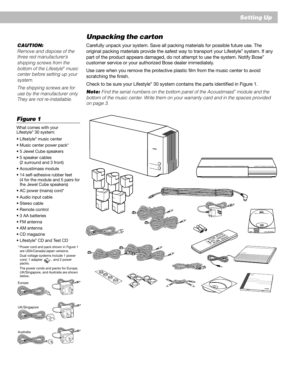 Unpacking the carton, Setting up, Figure 1 | Bose AM193147_03_V. User Manual | Page 7 / 34