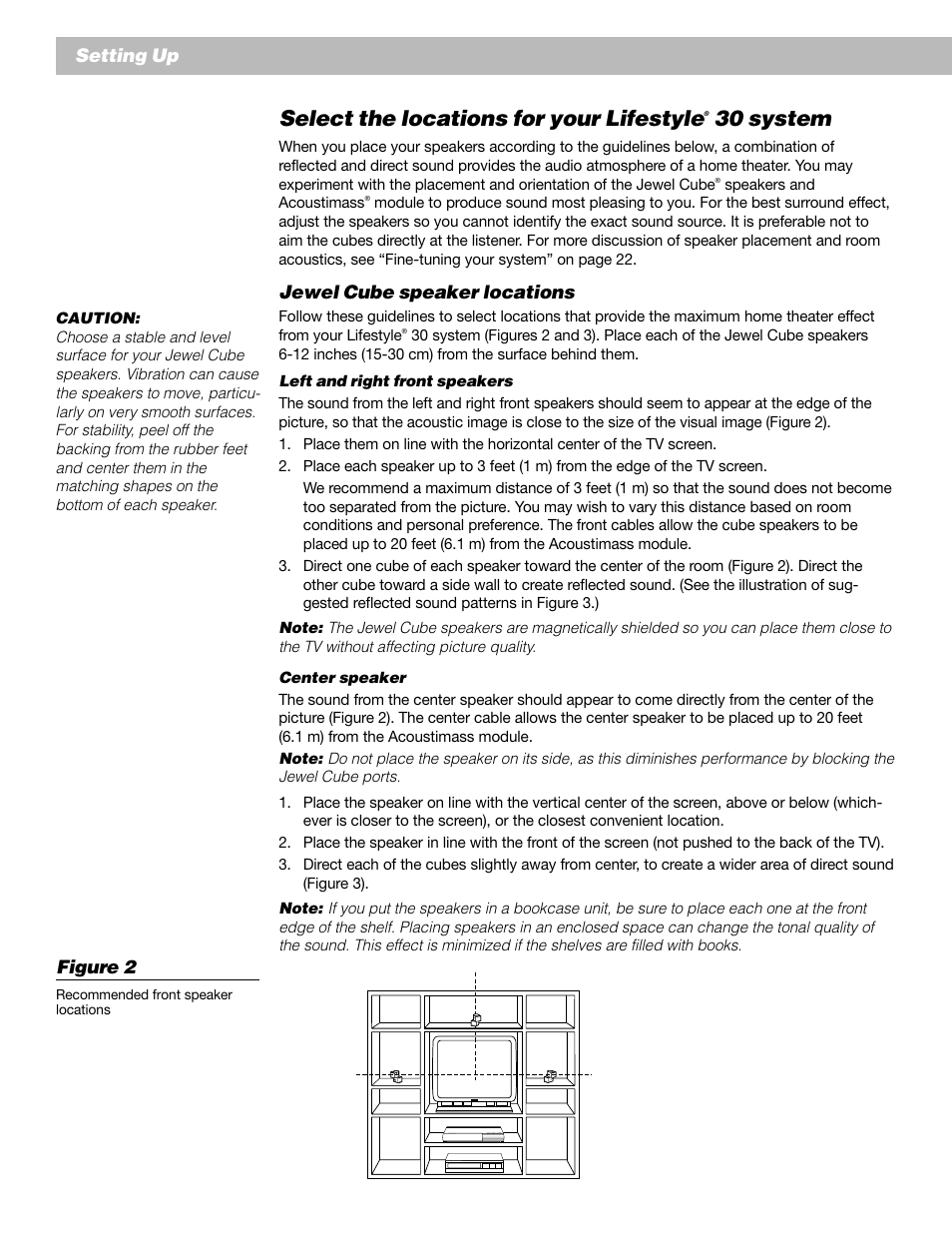 Select the locations for your lifestyle, 30 system, Setting up | Jewel cube speaker locations, Figure 2 | Bose AM193147_03_V. User Manual | Page 8 / 34