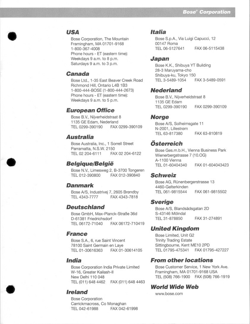 Canada, European office, Australia | Beigique/belgie, Danmark, Deutschiand, France, India, Ireland, Italia | Bose 141 User Manual | Page 8 / 9