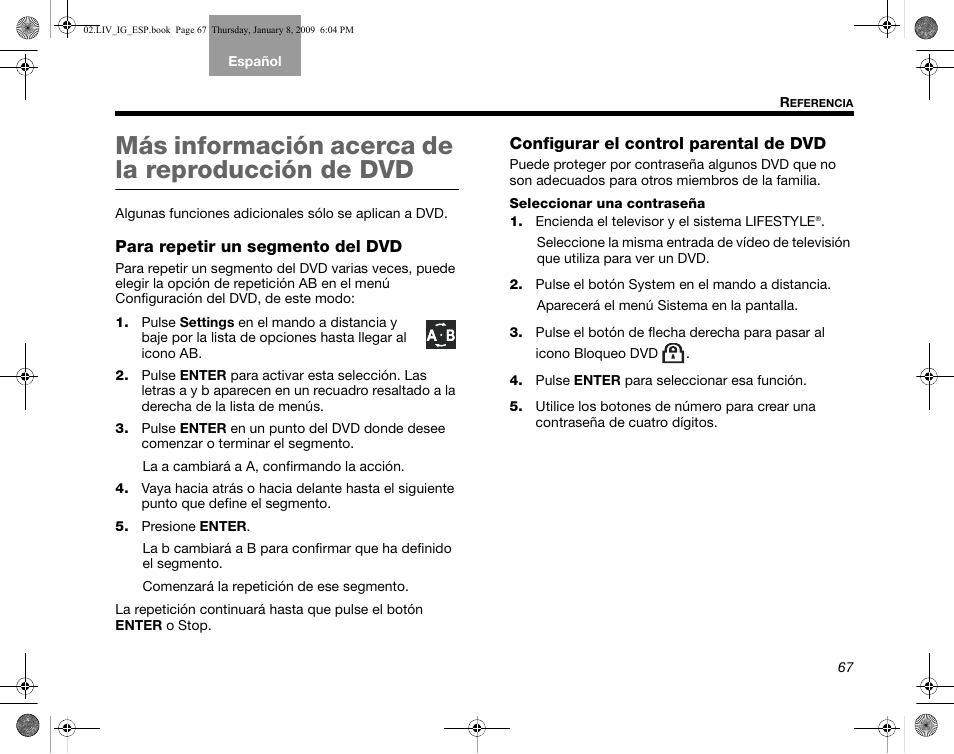 Para repetir un segmento del dvd, Configurar el control parental de dvd, Más información acerca de la reproducción de dvd | Bose AM314478 User Manual | Page 157 / 260