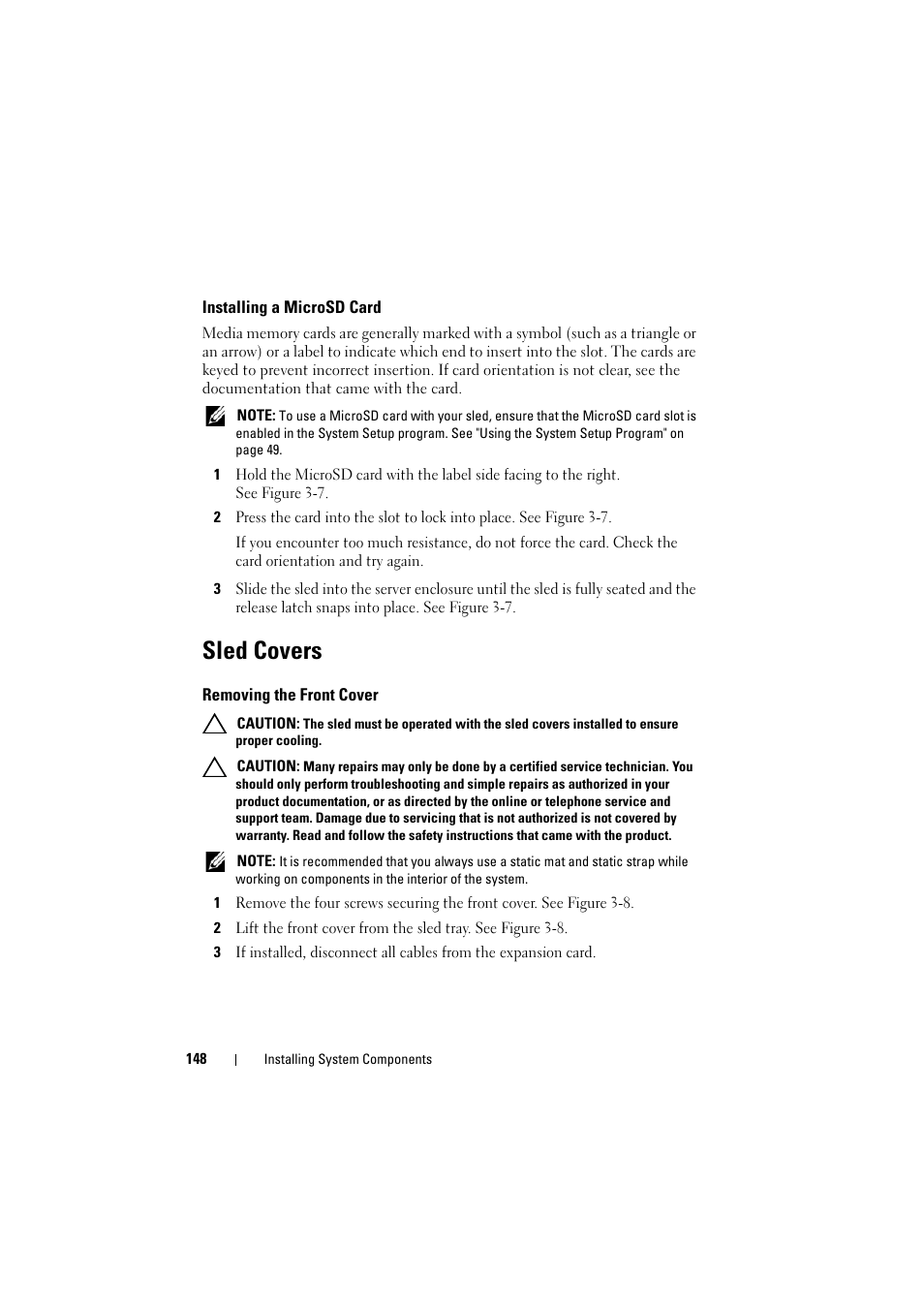 Installing a microsd card, Sled covers, Removing the front cover | Dell PowerEdge C8000 User Manual | Page 148 / 248