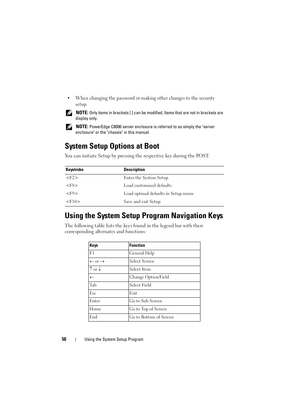 System setup options at boot, Using the system setup program navigation keys | Dell PowerEdge C8000 User Manual | Page 50 / 248