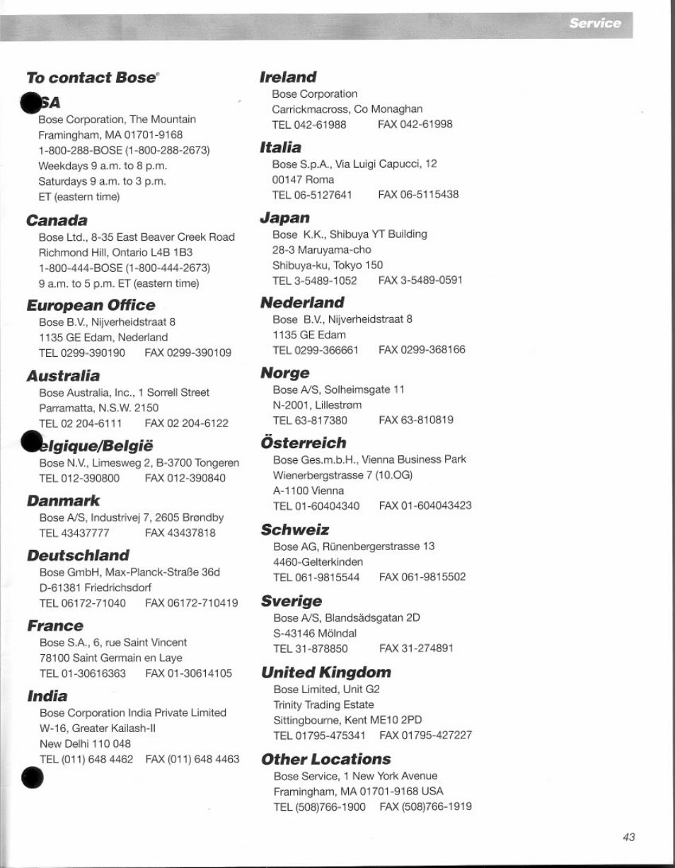To contact bose, Canada, European office | Australia, Igique/belgië, Danmark, Deutschland, France, India, Ireland | Bose Acoustimass 3 Series III User Manual | Page 10 / 11