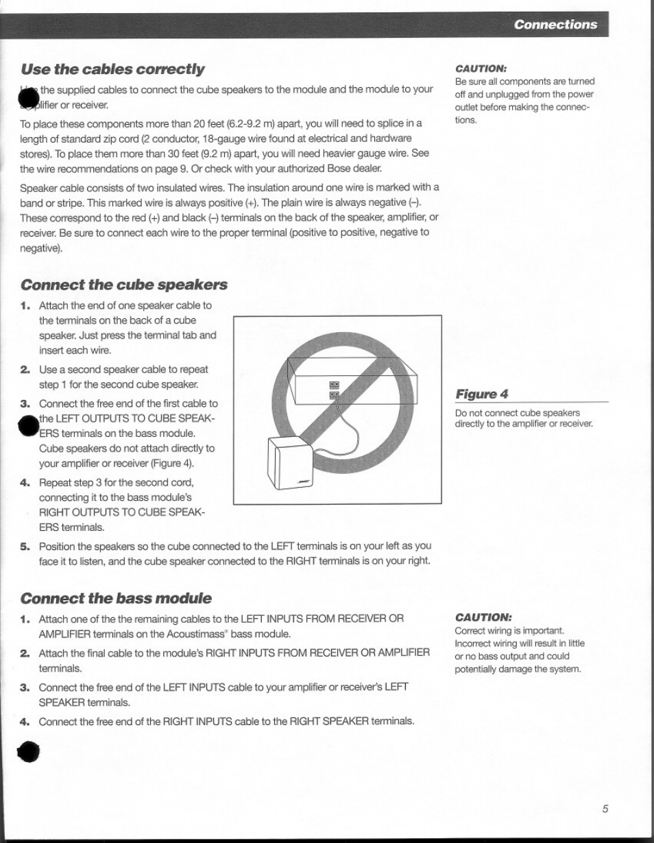 Use the cables conectly, Connect the cube speakers, Connect the bass module | Use the cables correctly, Connections use the cables conectly, Figure 4 | Bose Acoustimass 3 Series III User Manual | Page 5 / 11