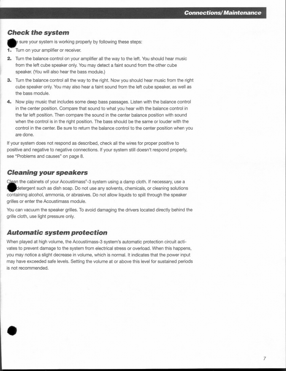 Check the system, Cleaning your speakers, Automatic system protection | Connections/ maintenance check the system | Bose Acoustimass 3 Series III User Manual | Page 7 / 11