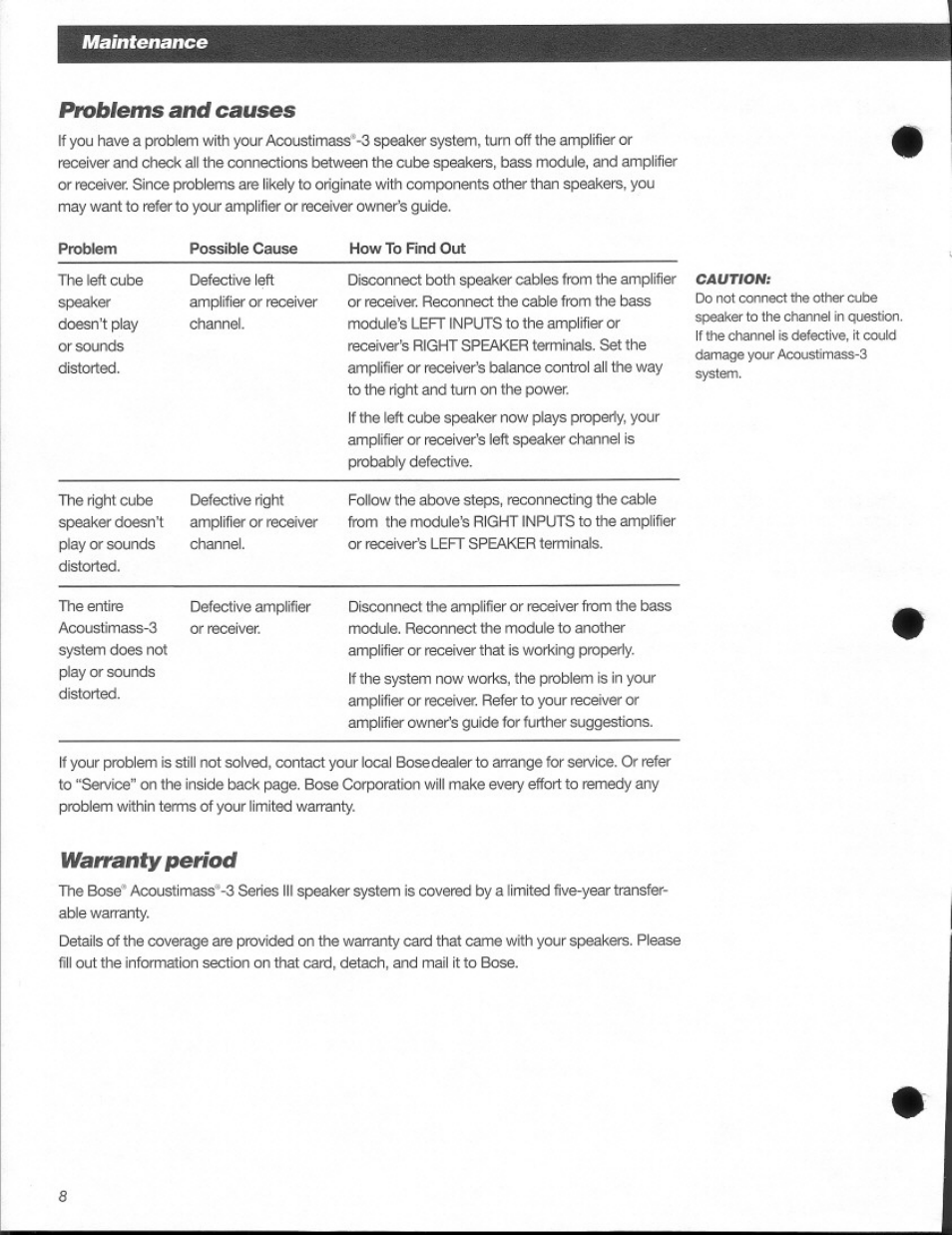 Problems and causes, Warranty period, Maintenance | Bose Acoustimass 3 Series III User Manual | Page 8 / 11