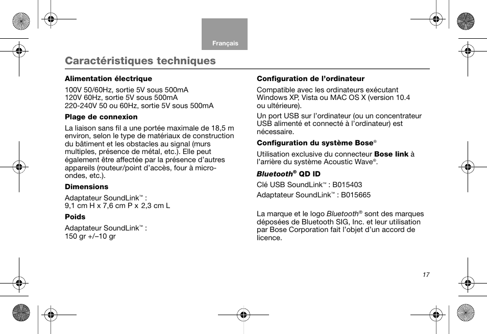Caractéristiques techniques | Bose Soundlink AM323699 User Manual | Page 81 / 204