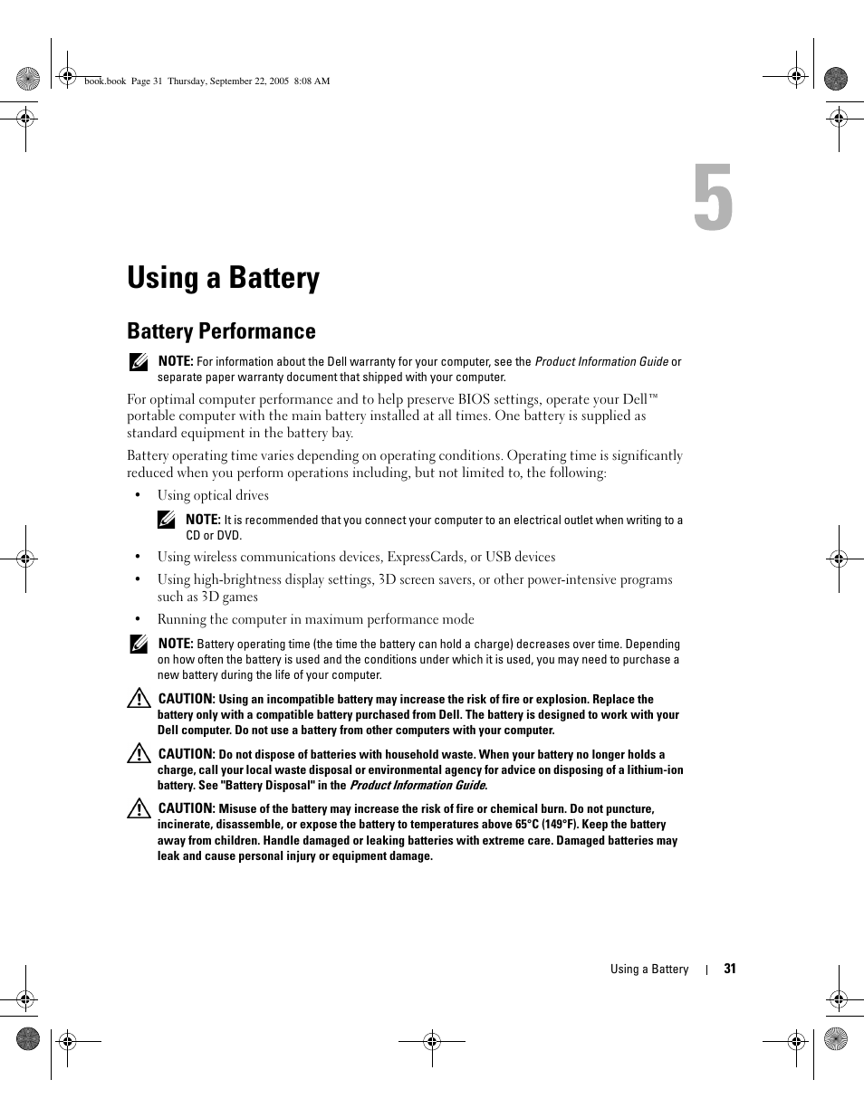 Using a battery, Battery performance, Information, see | Dell Inspiron 1300 User Manual | Page 31 / 142