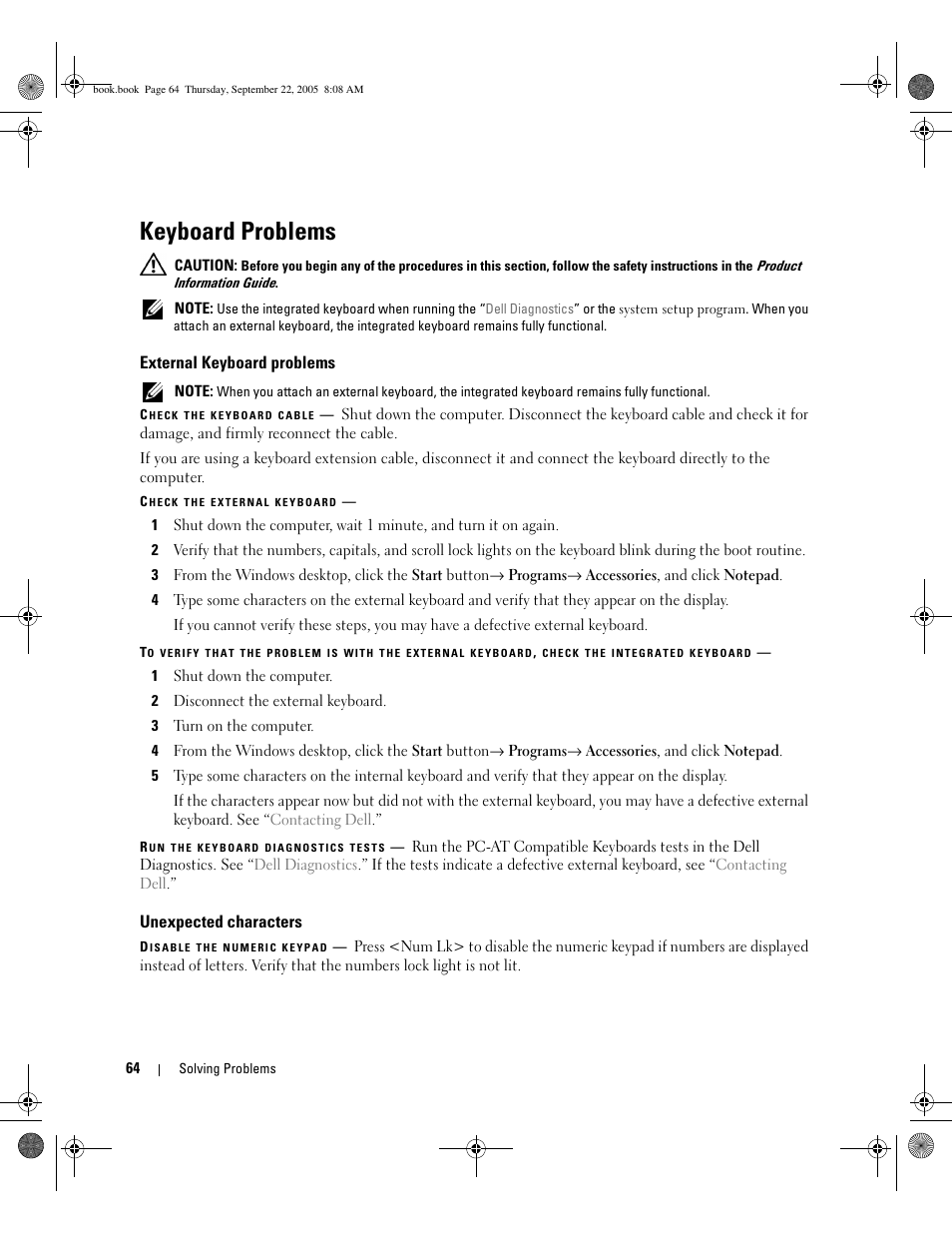 Keyboard problems, External keyboard problems, Unexpected characters | Dell Inspiron 1300 User Manual | Page 64 / 142