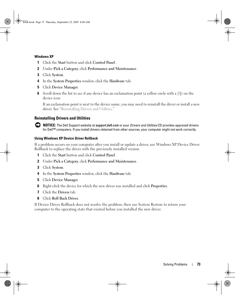 Reinstalling drivers and utilities | Dell Inspiron 1300 User Manual | Page 73 / 142