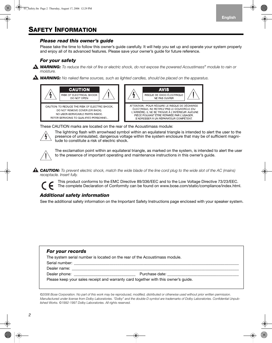 Afety, Nformation | Bose Acoustimass 10 Series IV User Manual | Page 2 / 44