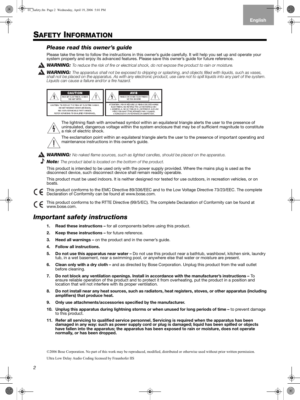 Afety, Nformation, Important safety instructions | Please read this owner’s guide | Bose Homewide Wireless Audio Link Link AL8 User Manual | Page 2 / 14