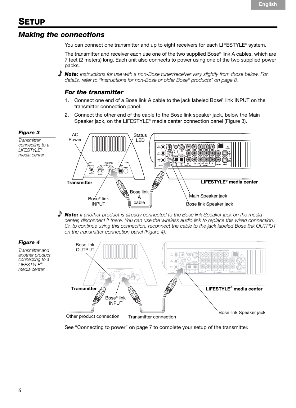 Etup making the connections, For the transmitter | Bose Homewide Wireless Audio Link Link AL8 User Manual | Page 6 / 14
