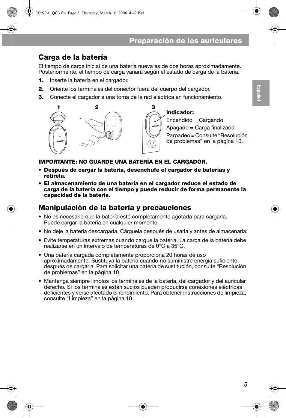 Preparación de los auriculares, Carga de la batería, Manipulación de la batería y precauciones | Bose QuietComfort 3 User Manual | Page 15 / 44