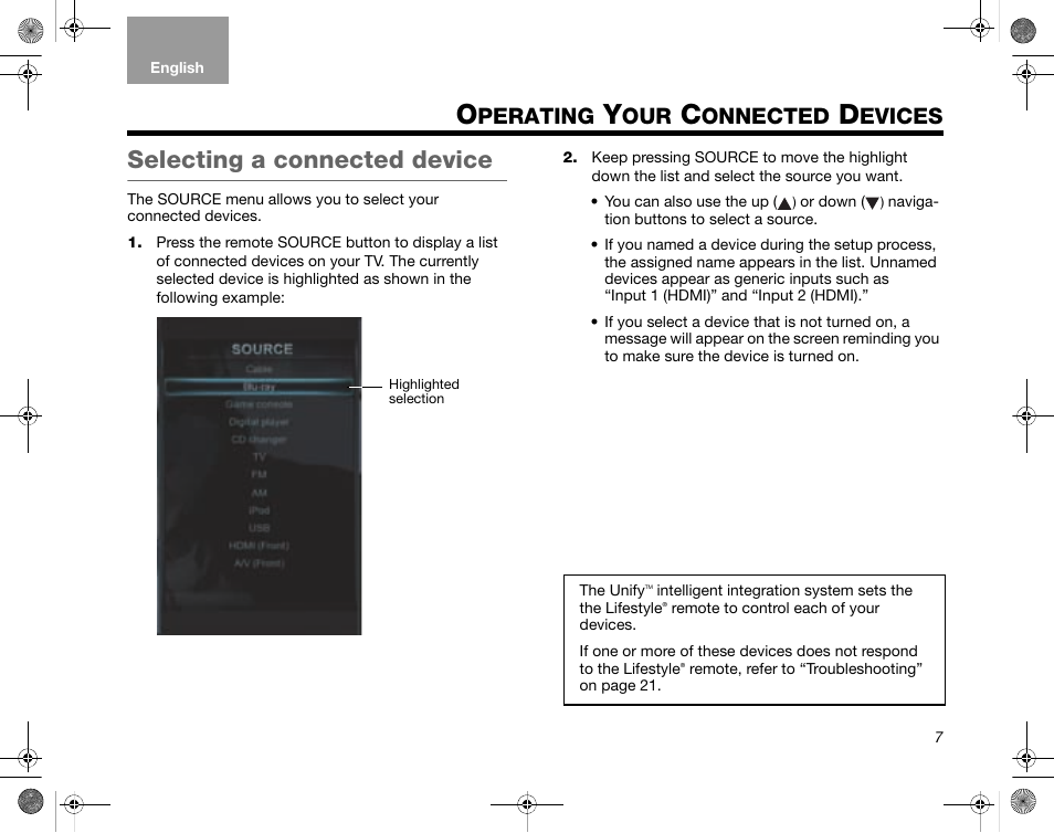 Selecting a connected device, Perating, Onnected | Evices | Bose LIFESTYLE V35/V25 User Manual | Page 15 / 34