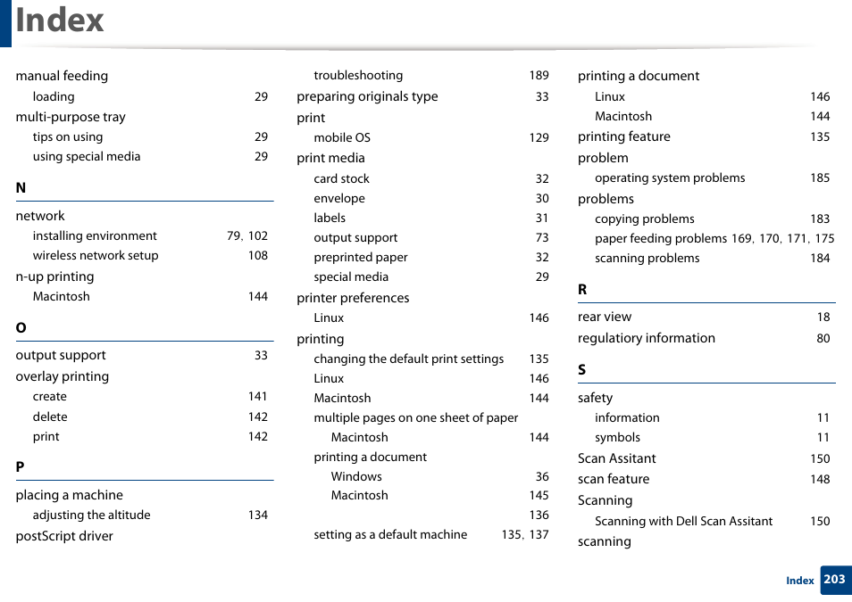 Index | Dell B1163 Multifunction Mono Laser Printer User Manual | Page 203 / 204