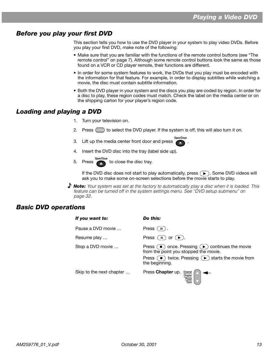 Playing a video dvd, Before you play your first dvd, Loading and playing a dvd | Basic dvd operations, Playing a video dvd before you play your first dvd | Bose Lifestyle DVD Home Entertainment Systems User Manual | Page 15 / 46