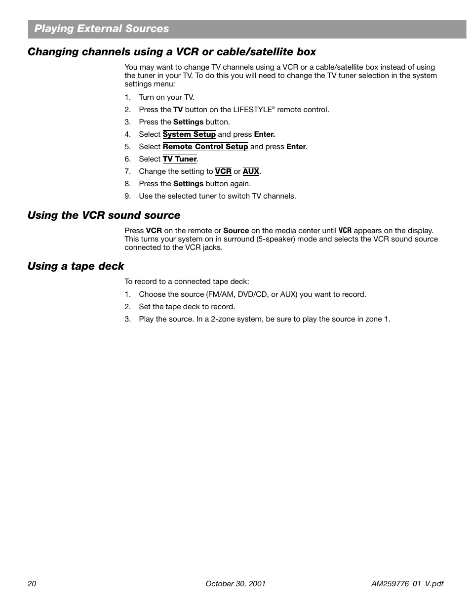 Using the vcr sound source, Using a tape deck | Bose Lifestyle DVD Home Entertainment Systems User Manual | Page 22 / 46