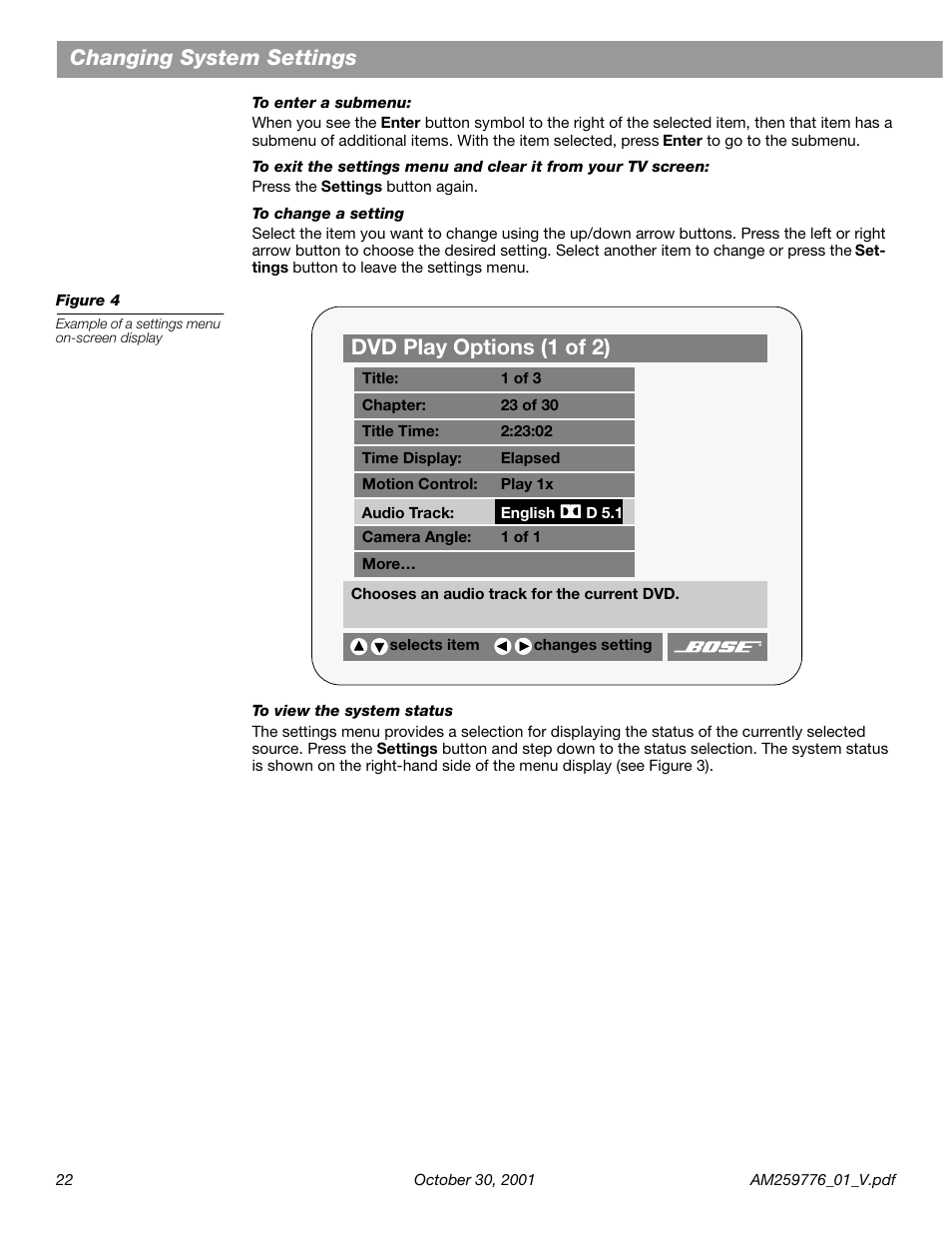 Changing system settings, Dvd play options (1 of 2) | Bose Lifestyle DVD Home Entertainment Systems User Manual | Page 24 / 46