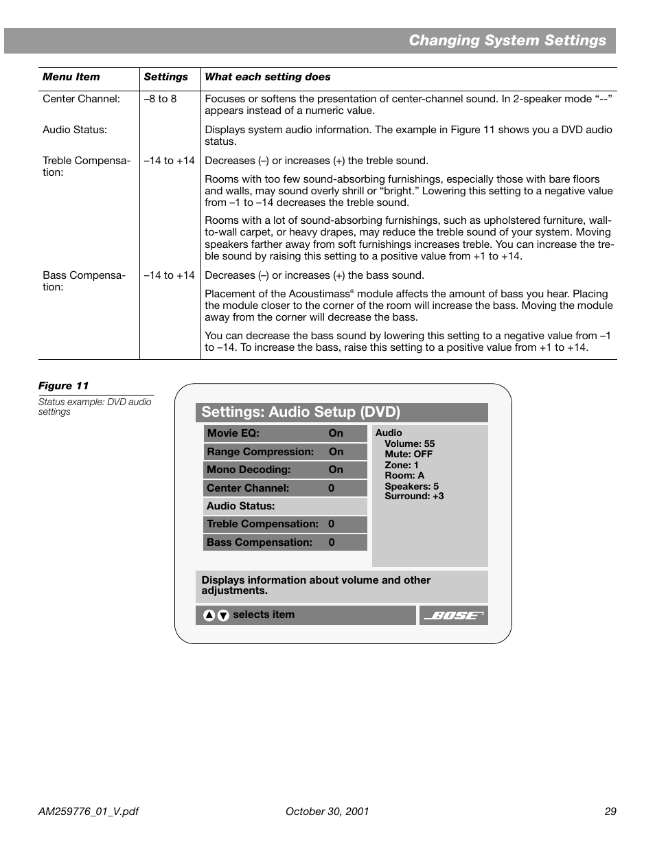 Changing system settings, Settings: audio setup (dvd) | Bose Lifestyle DVD Home Entertainment Systems User Manual | Page 31 / 46
