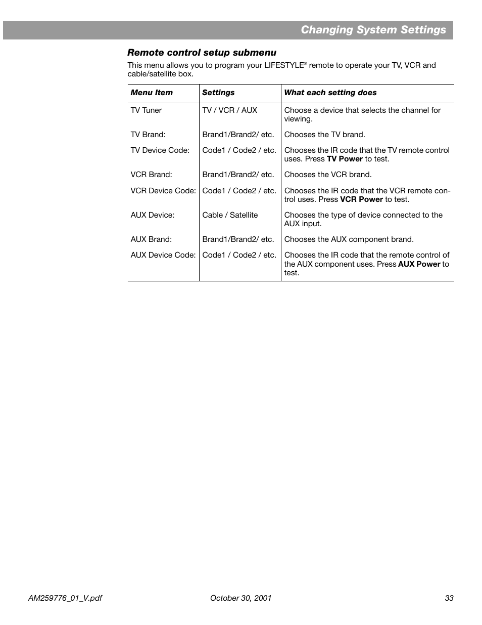 Remote control setup submenu, Changing system settings | Bose Lifestyle DVD Home Entertainment Systems User Manual | Page 35 / 46