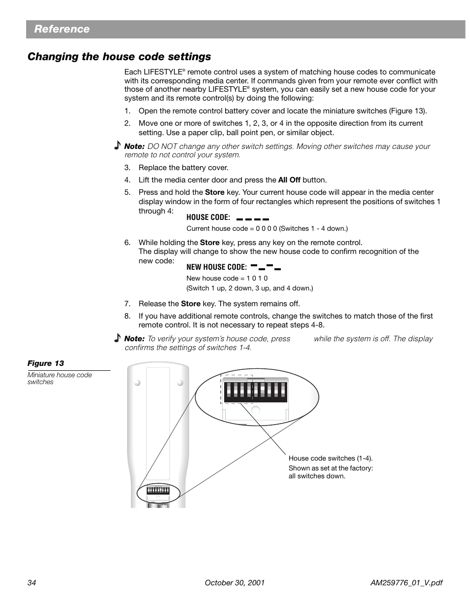 Reference, Changing the house code settings, Reference changing the house code settings | Bose Lifestyle DVD Home Entertainment Systems User Manual | Page 36 / 46