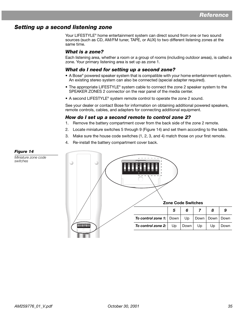 Setting up a second listening zone, Reference setting up a second listening zone, What is a zone | What do i need for setting up a second zone, How do i set up a second remote to control zone 2 | Bose Lifestyle DVD Home Entertainment Systems User Manual | Page 37 / 46
