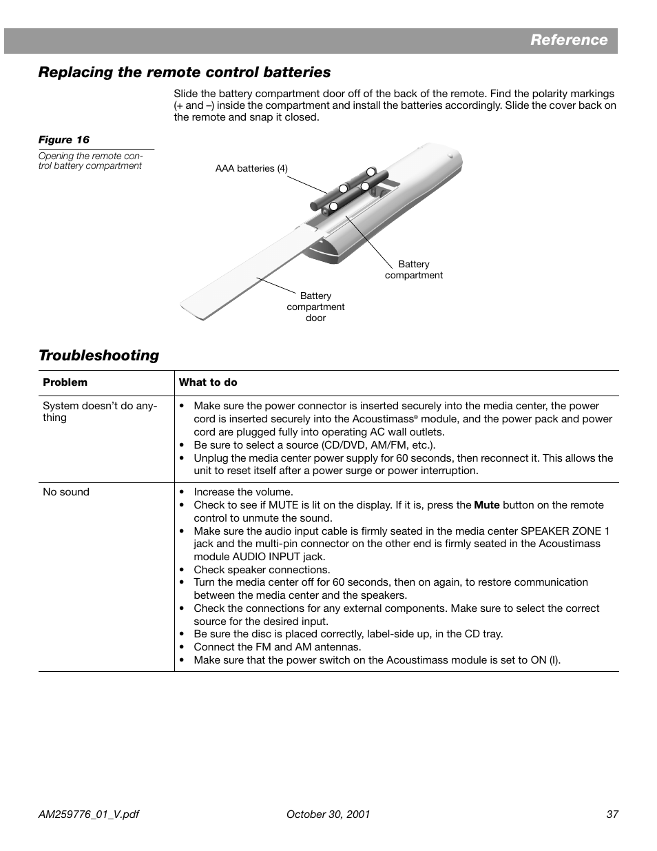 Replacing the remote control batteries, Troubleshooting, Reference replacing the remote control batteries | Bose Lifestyle DVD Home Entertainment Systems User Manual | Page 39 / 46
