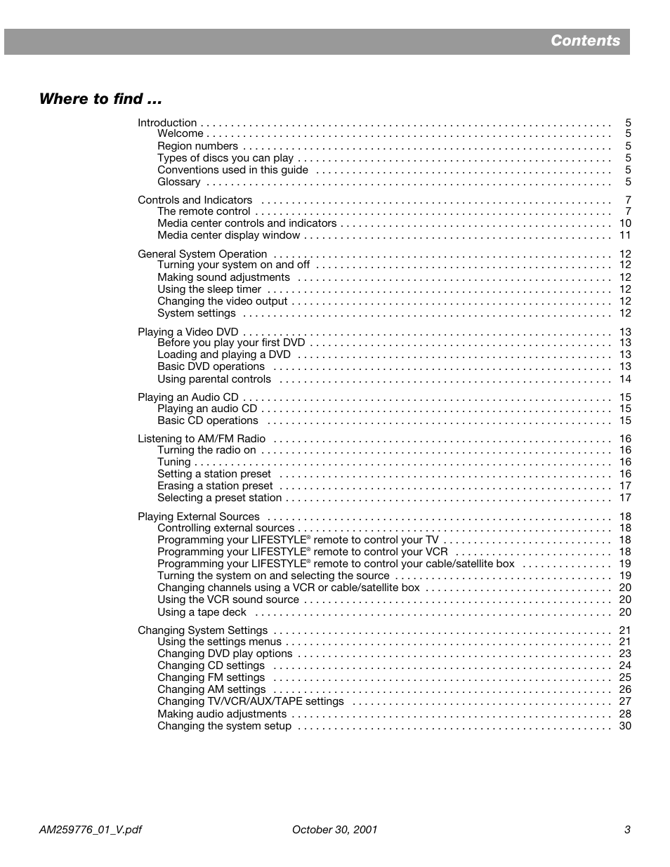 Contents where to find | Bose Lifestyle DVD Home Entertainment Systems User Manual | Page 5 / 46