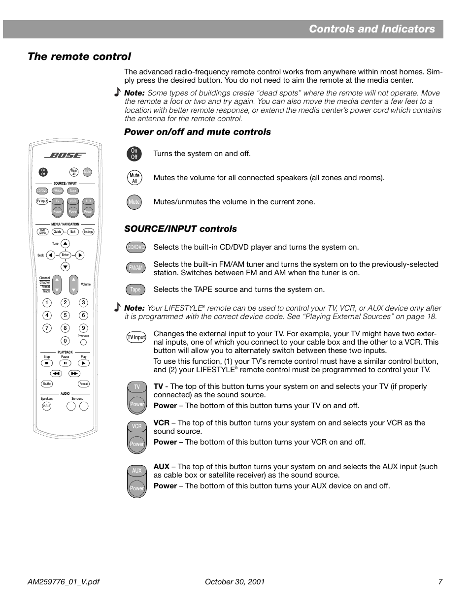 Controls and indicators, The remote control, Controls and indicators the remote control | Bose Lifestyle DVD Home Entertainment Systems User Manual | Page 9 / 46