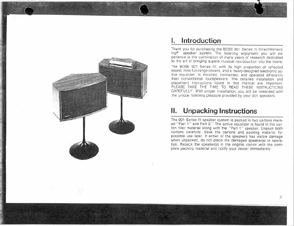 I. introduction, Ii. unpacking instructions | Bose Direct / Reflecting 901 Series 4 User Manual | Page 3 / 20