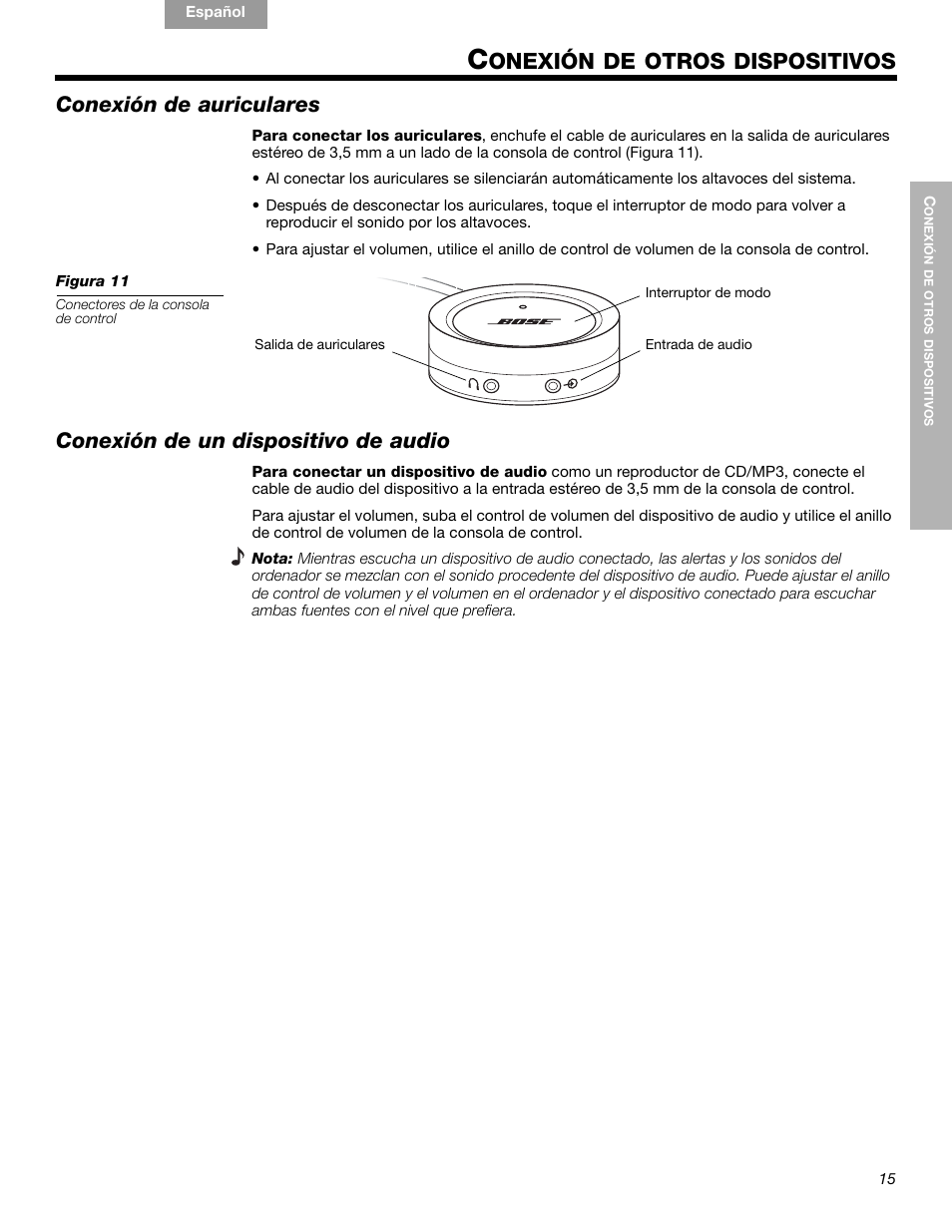 Onexión de otros dispositivos, Conexión de auriculares, Conexión de un dispositivo de audio | Bose Companion 5 User Manual | Page 35 / 56