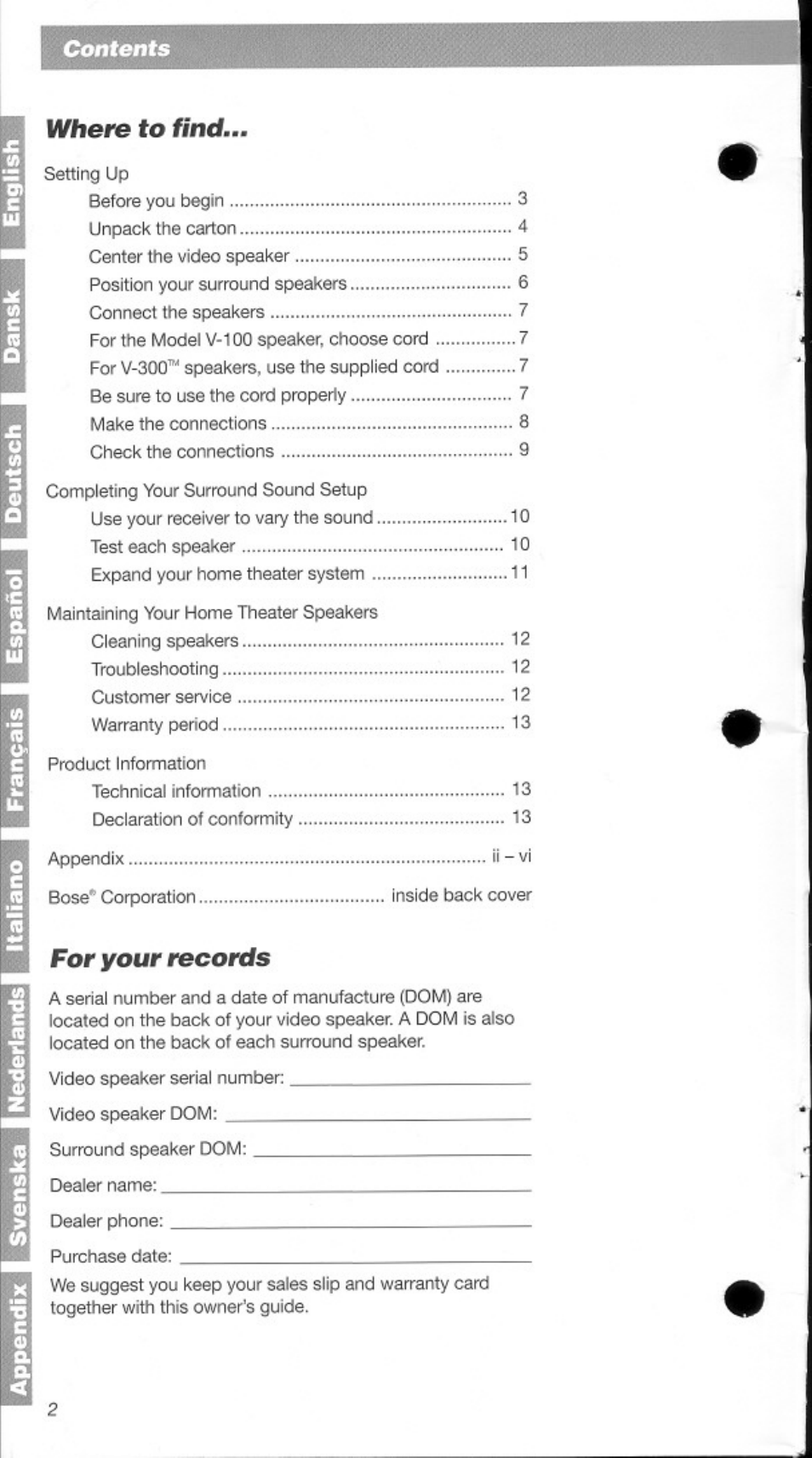 Where to find, For your records | Bose Home Theater Speakers V-100 User Manual | Page 2 / 15