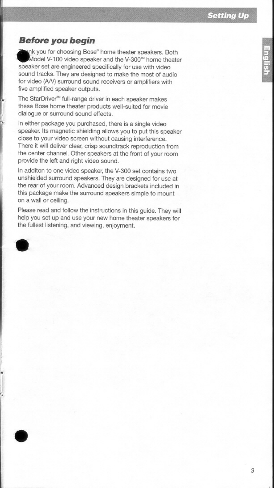 Before you begin, Setting up | Bose Home Theater Speakers V-100 User Manual | Page 3 / 15