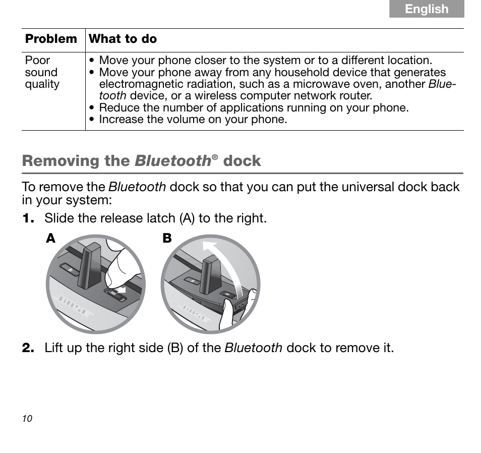 Removing the bluetooth® dock, Removing the bluetooth, Dock | Bose SoundDock AM316536 User Manual | Page 10 / 14