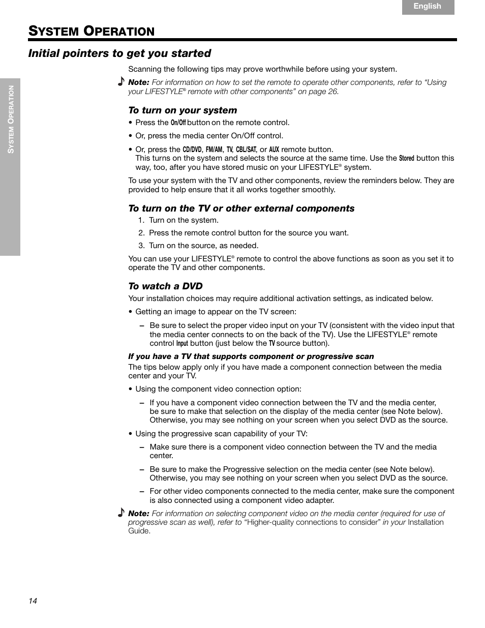 Ystem, Peration, Initial pointers to get you started | Bose LIFESTYLE 289328 User Manual | Page 14 / 68