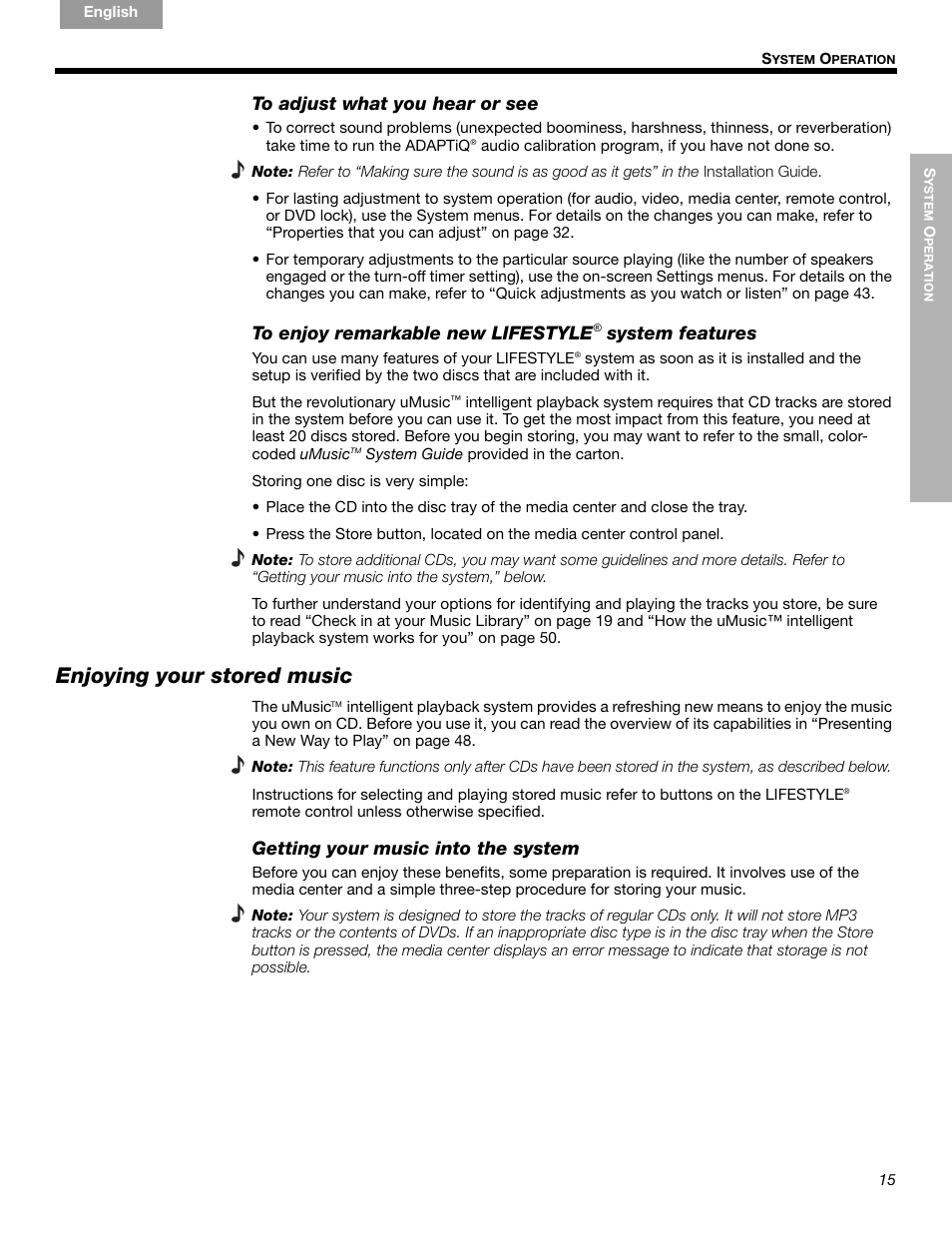 Enjoying your stored music, System features, Getting your music into the system | Bose LIFESTYLE 289328 User Manual | Page 15 / 68