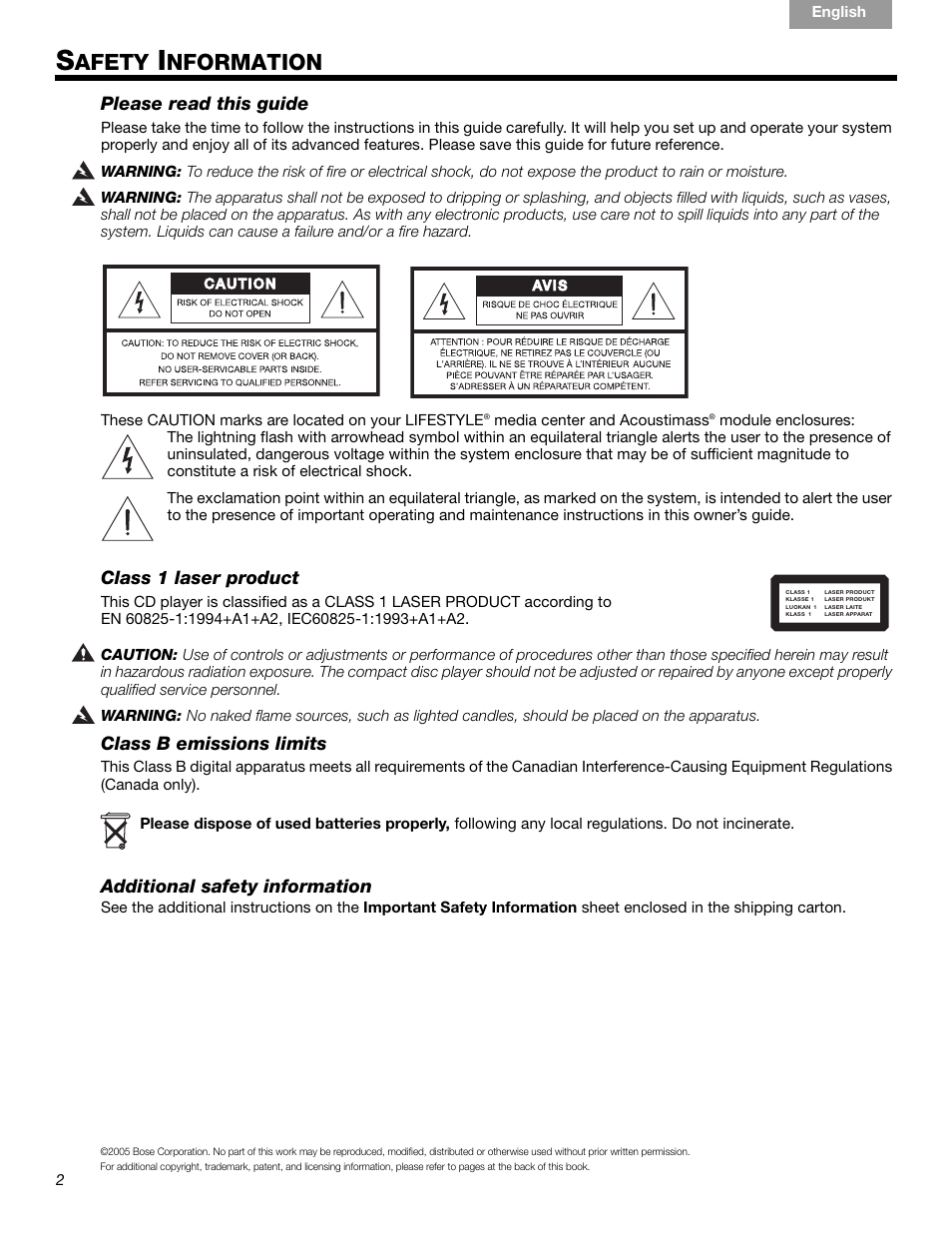 Afety, Nformation, Please read this guide | Class 1 laser product, Class b emissions limits, Additional safety information | Bose LIFESTYLE 289328 User Manual | Page 2 / 68