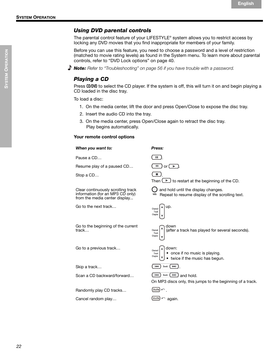 Using dvd parental controls, Playing a cd | Bose LIFESTYLE 289328 User Manual | Page 22 / 68
