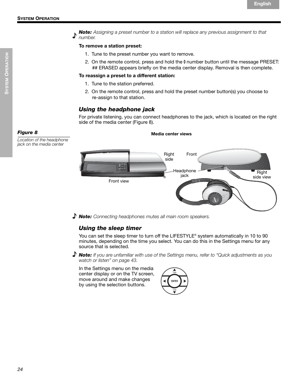 Using the headphone jack, Using the sleep timer | Bose LIFESTYLE 289328 User Manual | Page 24 / 68