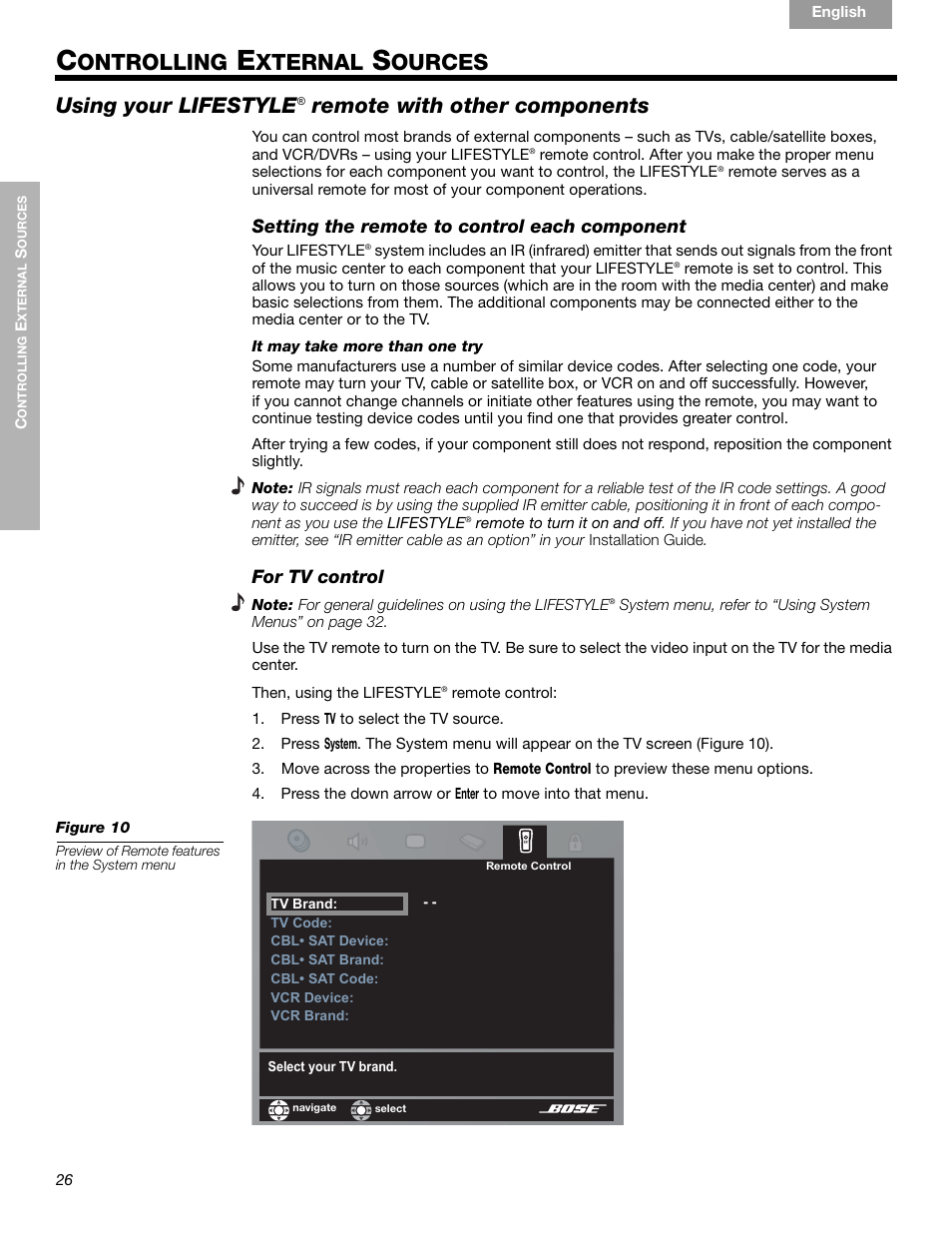 Ontrolling, Xternal, Ources | Using your lifestyle, Remote with other components | Bose LIFESTYLE 289328 User Manual | Page 26 / 68