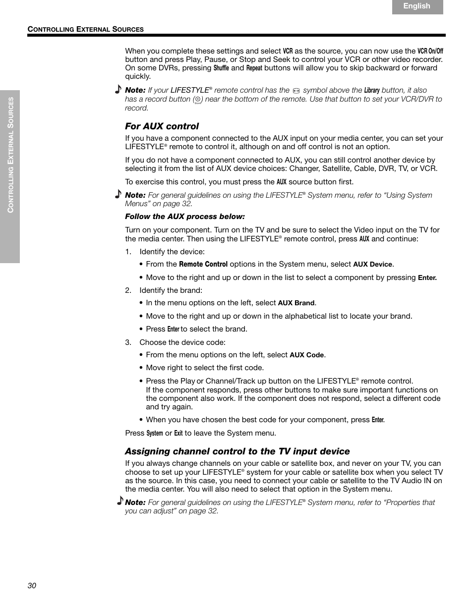 For aux control, Assigning channel control to the tv input device | Bose LIFESTYLE 289328 User Manual | Page 30 / 68