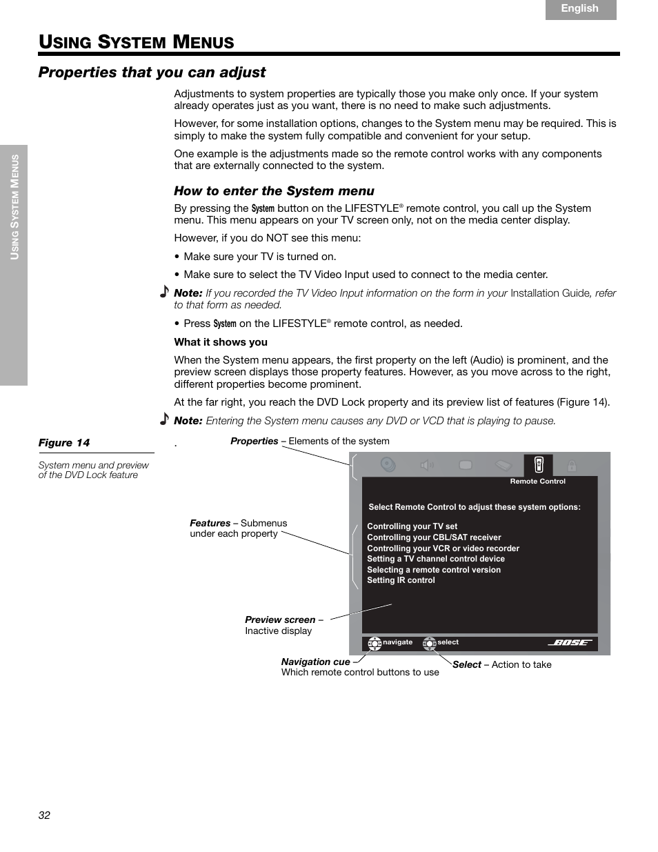 Sing, Ystem, Enus | Properties that you can adjust | Bose LIFESTYLE 289328 User Manual | Page 32 / 68
