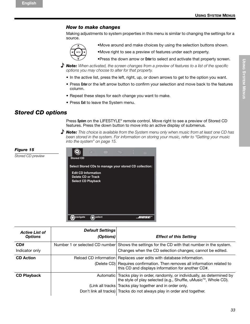 Stored cd options, How to make changes | Bose LIFESTYLE 289328 User Manual | Page 33 / 68