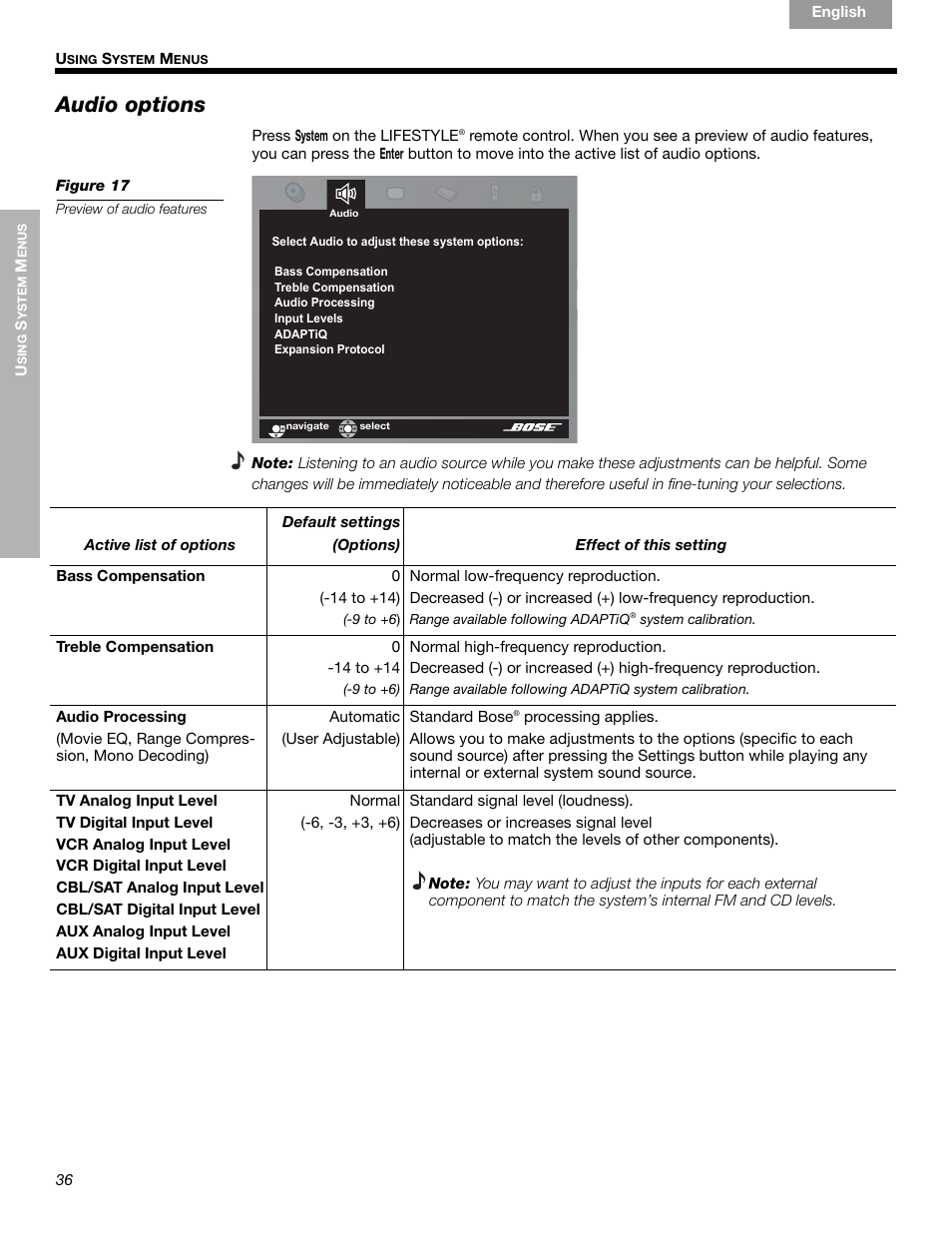 Audio options | Bose LIFESTYLE 289328 User Manual | Page 36 / 68