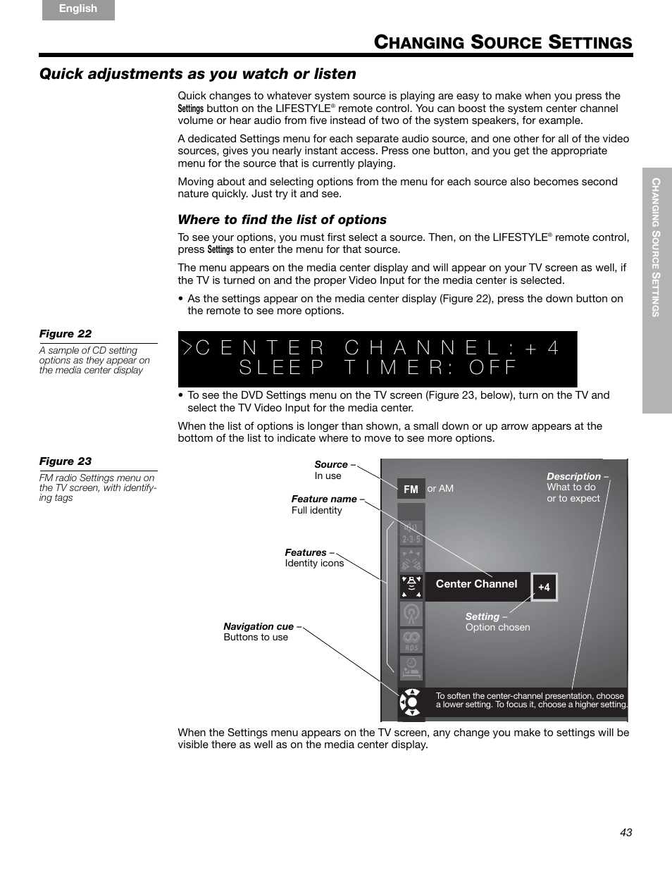 Hanging, Ource, Ettings | Quick adjustments as you watch or listen | Bose LIFESTYLE 289328 User Manual | Page 43 / 68