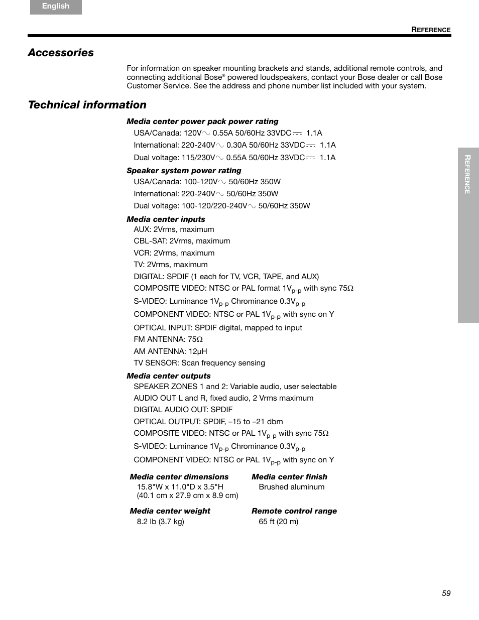 Accessories, Technical information | Bose LIFESTYLE 289328 User Manual | Page 59 / 68